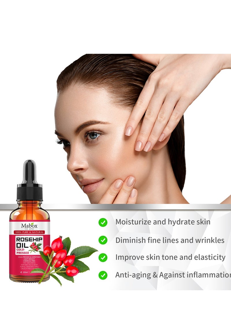 Mabox Rosehip Oil For Face, Rosehip Seed Oil, 100% Pure Organic Cold Pressed Rosehip Oil For Face, Hair, Skin and Nail, Natural Moisturizer Facial Serum, Anti-Aging Face Oil For Women (30ml) - Image 3