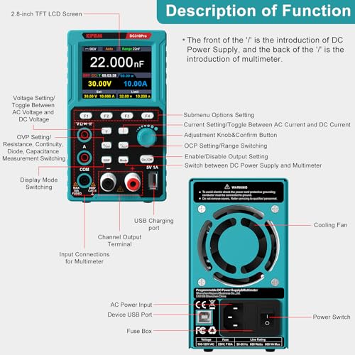 Kiprim 2-in-1 Programmable Power Supply and Multimeter (0-30 V 0-10 A) DC310Pro with Data Memory,High Precision,OCP,OVP, PC Software and USB Charging - Image 2