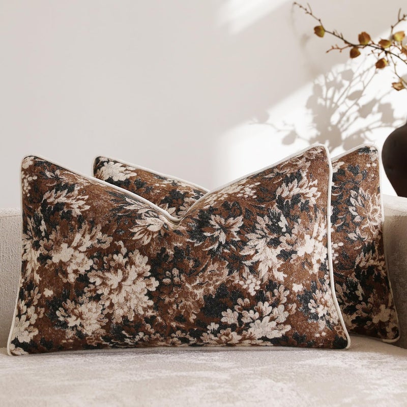 DEZENE Pack of 2 Vintage Floral Pillow Covers 12x20 Boho Farmhouse Accents Chenille Rectangular Lumbar Decorative Throw Pillow Cases for Living Room Couch Bed Home Decor, Dark Brown - Image 1