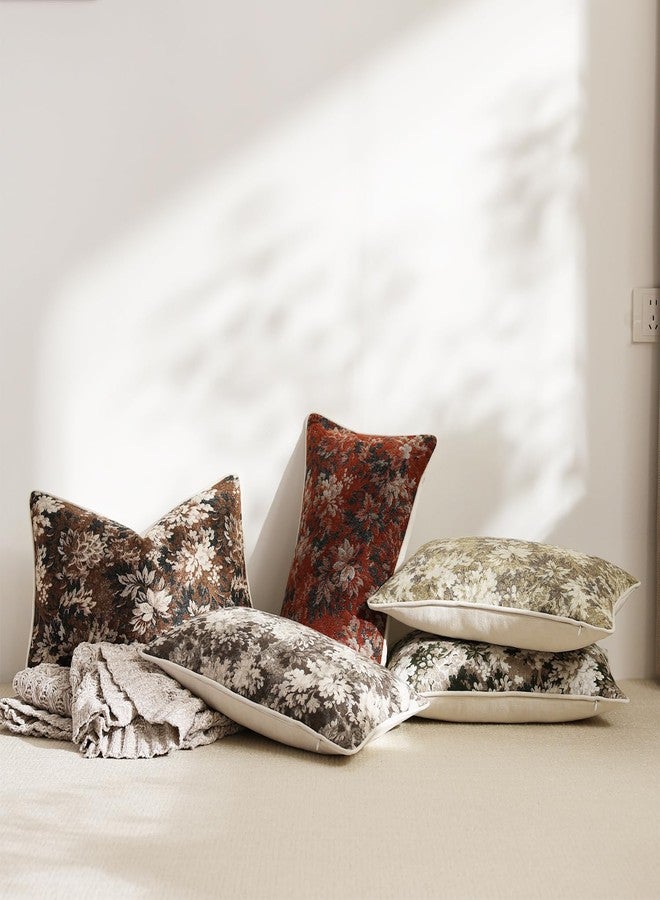 DEZENE Pack of 2 Vintage Floral Pillow Covers 12x20 Boho Farmhouse Accents Chenille Rectangular Lumbar Decorative Throw Pillow Cases for Living Room Couch Bed Home Decor, Dark Brown - Image 5