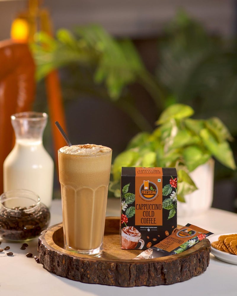 FRESKIM Cappuccino cold coffee Premix I Instant Cappuccino cold coffee I 10 Nos. cold coffee sachet I Just Added Chilled Milk I Cold coffee I 280 GM (28gm*10 sachet) - Image 2