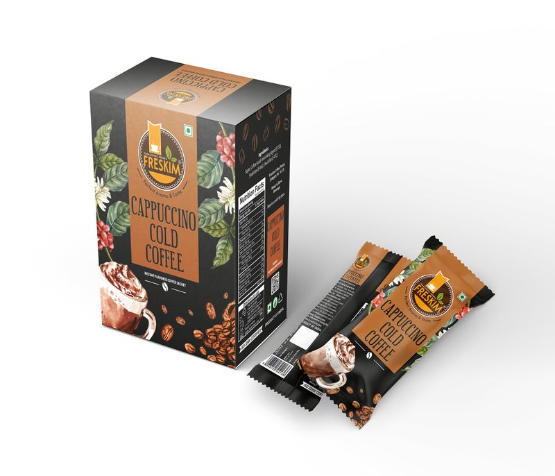 FRESKIM Cappuccino cold coffee Premix I Instant Cappuccino cold coffee I 10 Nos. cold coffee sachet I Just Added Chilled Milk I Cold coffee I 280 GM (28gm*10 sachet) - Image 1