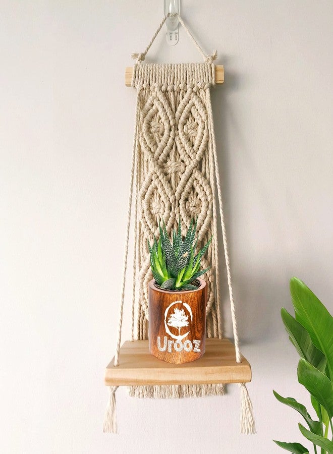 Urooz Macramé Wooden Wall Hanging Shelf |960| Modern Chic Woven Macrame Tapestries, Wall Art Home Decor for Apartment, Dorm, Bedroom, Living Room, Nursery, Party Decorations, 15" Wx 16" H - Image 1