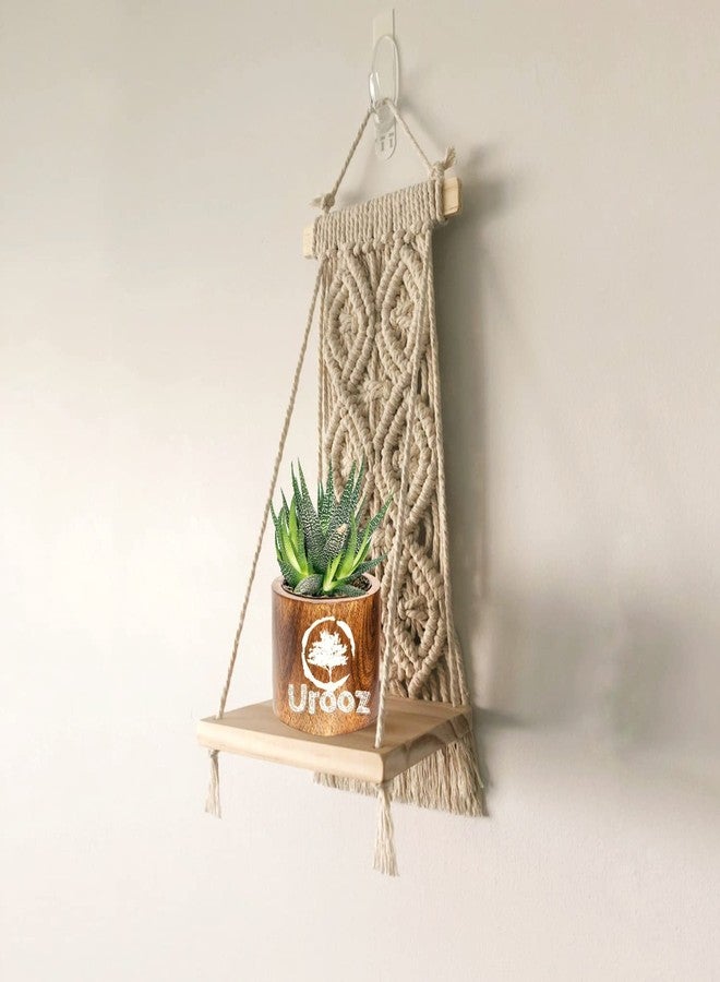 Urooz Macramé Wooden Wall Hanging Shelf |960| Modern Chic Woven Macrame Tapestries, Wall Art Home Decor for Apartment, Dorm, Bedroom, Living Room, Nursery, Party Decorations, 15" Wx 16" H - Image 2