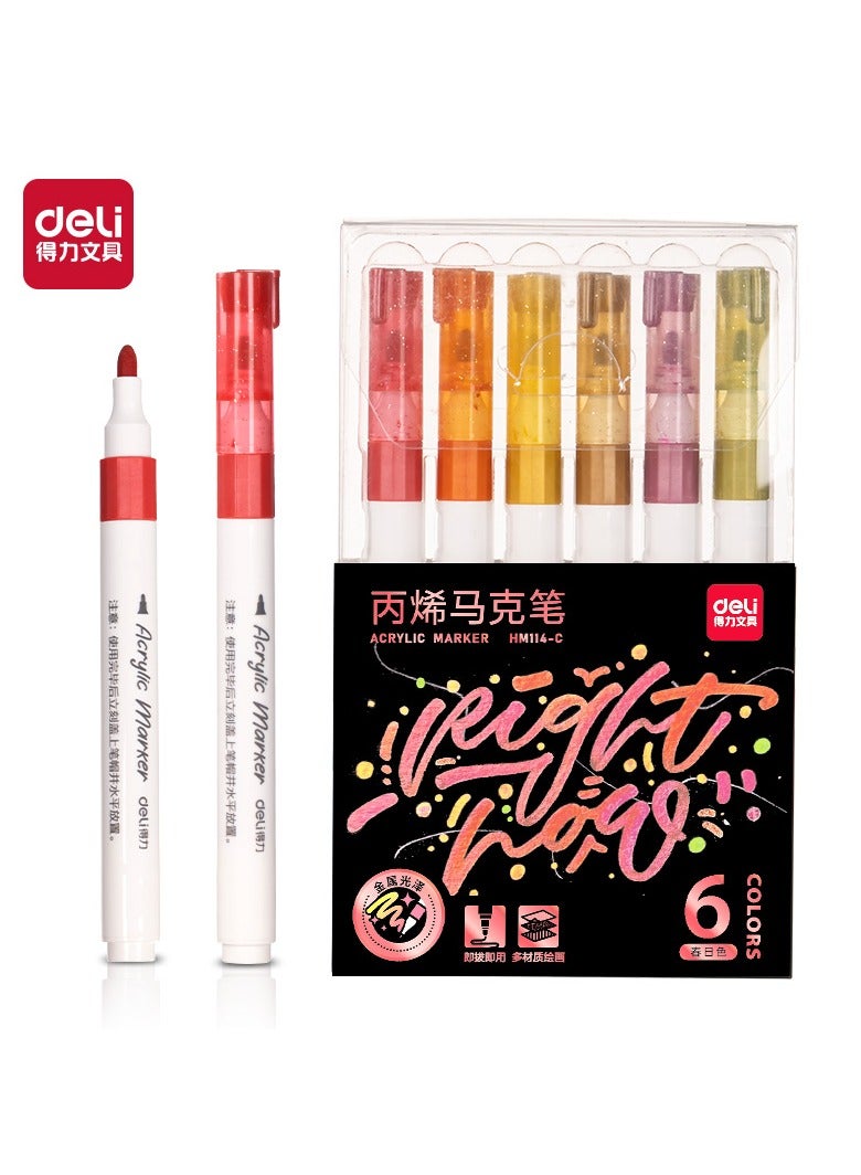 Deli Deli HM114-C Metallic Acrylic Markers – 6 Classic Colors, Round Barrel, Single Tip (2mm), Quick-Dry & Waterproof, Ideal for Glass, Metal, Wood, Stone & DIY Crafts.  - Image 1