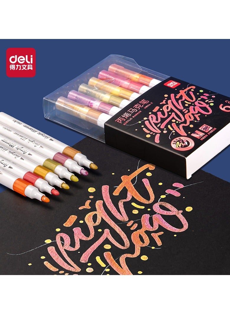 Deli Deli HM114-C Metallic Acrylic Markers – 6 Classic Colors, Round Barrel, Single Tip (2mm), Quick-Dry & Waterproof, Ideal for Glass, Metal, Wood, Stone & DIY Crafts.  - Image 2