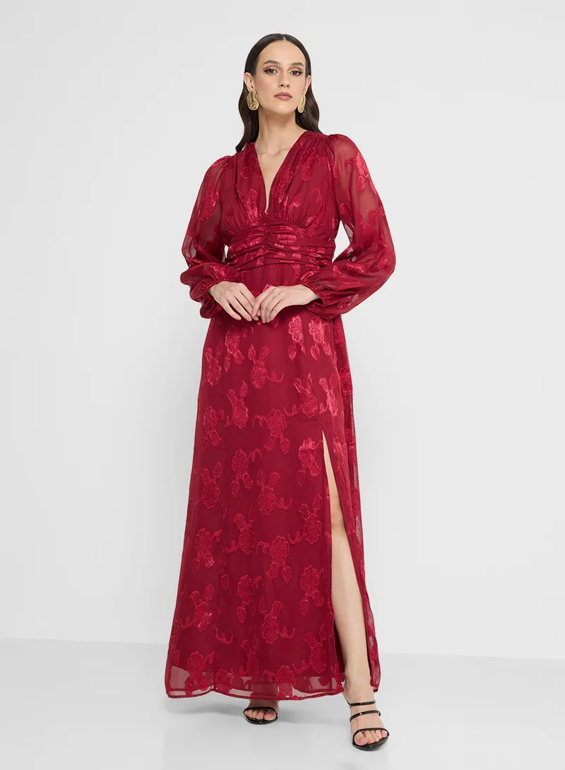 Maya Mesh Detail Puff Sleeve V Neck Maxi Dress