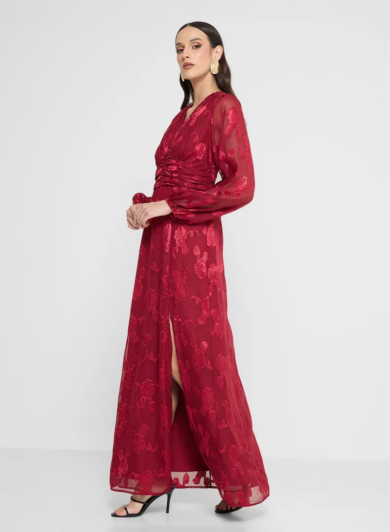 Maya Mesh Detail Puff Sleeve V Neck Maxi Dress