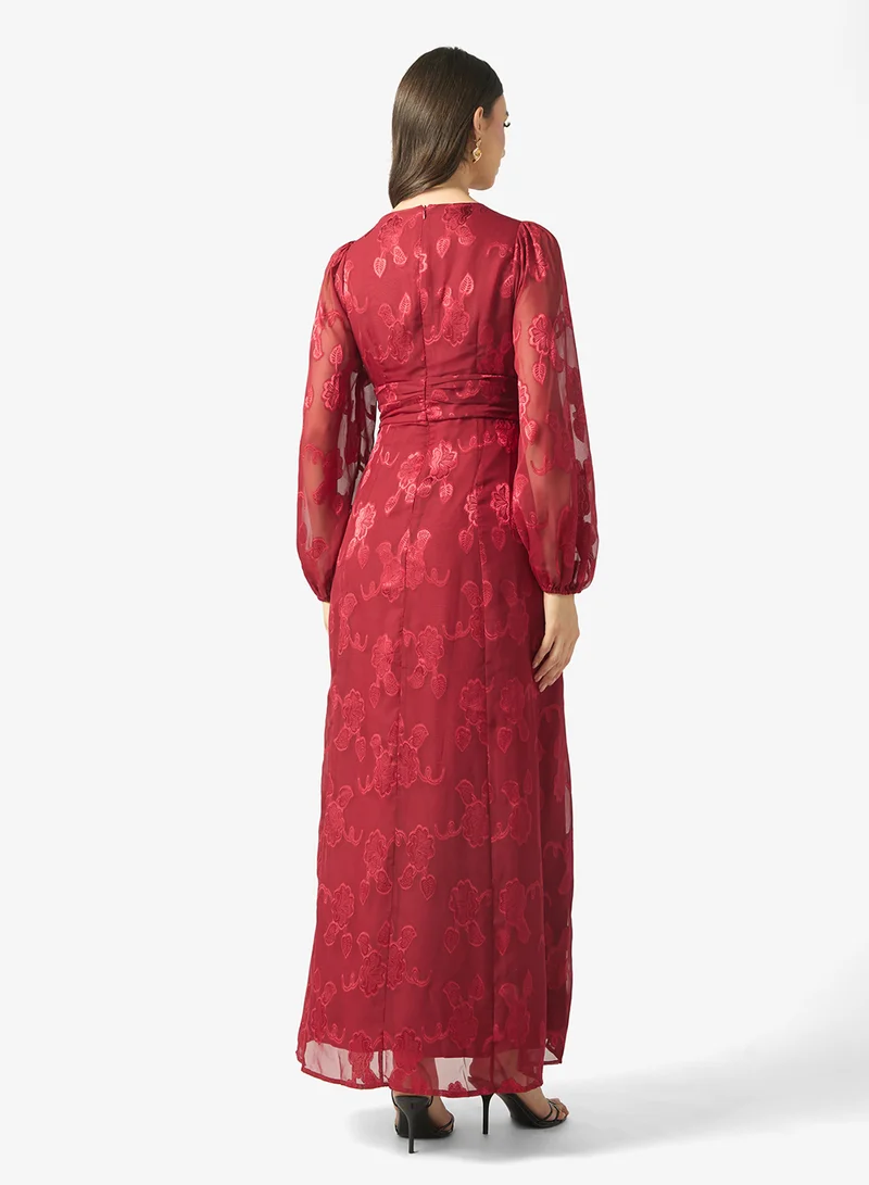 Maya Mesh Detail Puff Sleeve V Neck Maxi Dress