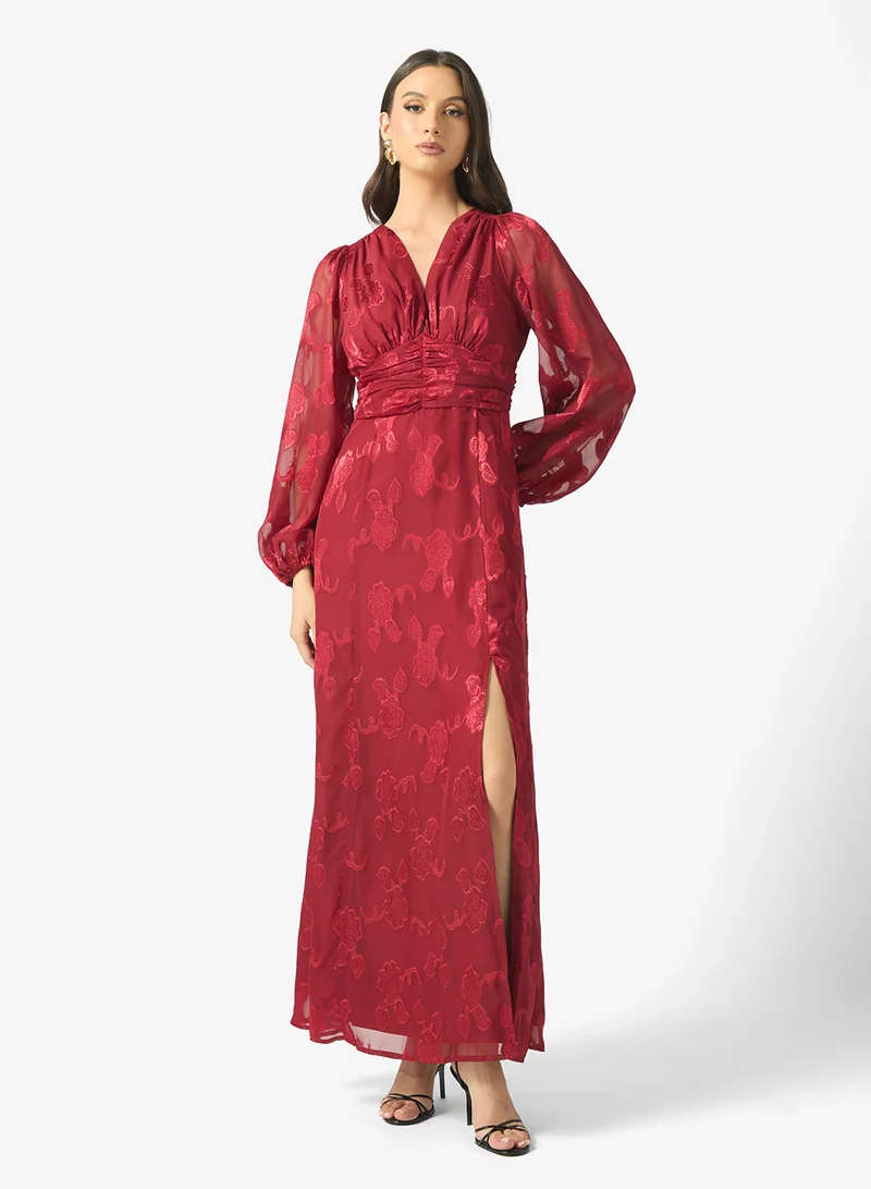 Maya Mesh Detail Puff Sleeve V Neck Maxi Dress