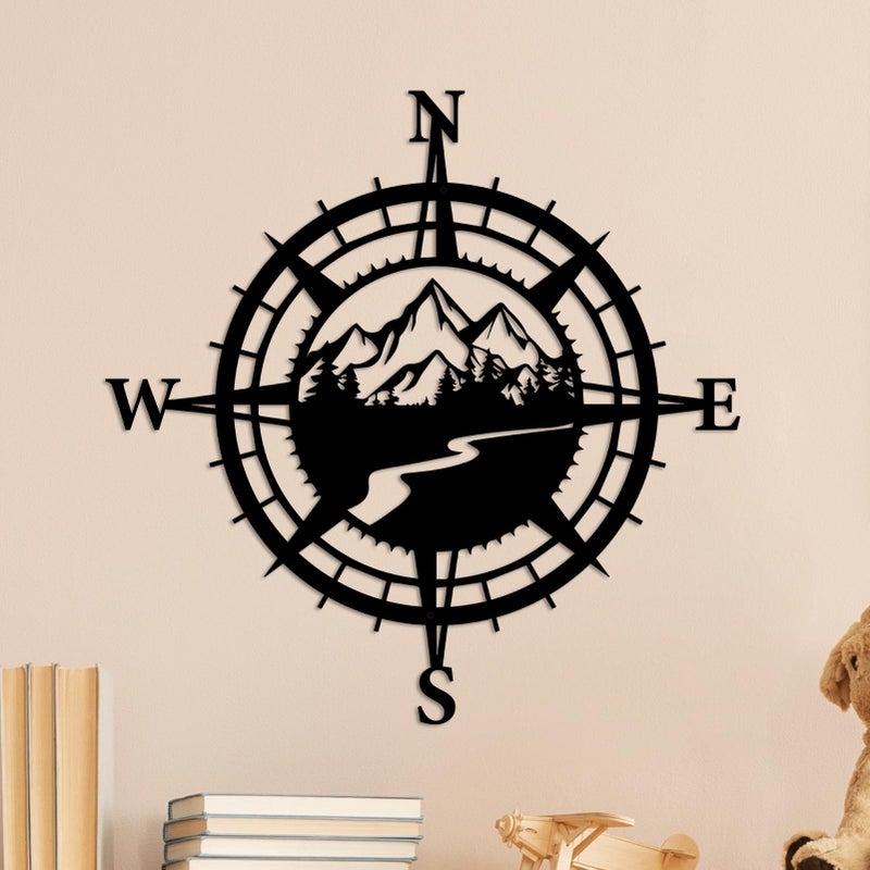Resama Black Metal Mountain Nautical Compass Wall Decor, Forest DÃ©corative Indoor or Outdoor Wall Hanging Art Perfect for Beach Coastal Themes - Image 1
