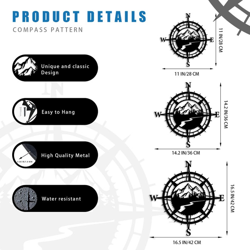Resama Black Metal Mountain Nautical Compass Wall Decor, Forest DÃ©corative Indoor or Outdoor Wall Hanging Art Perfect for Beach Coastal Themes - Image 2
