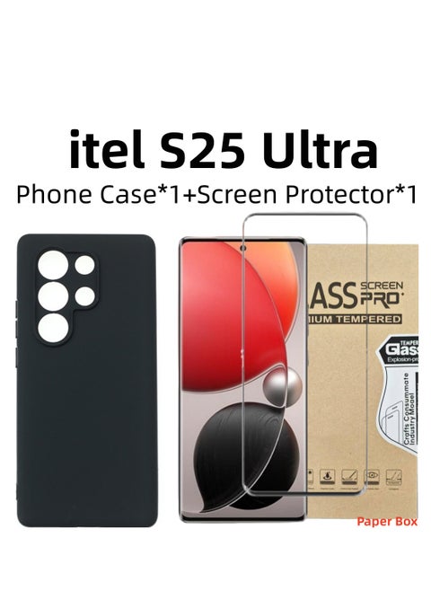 [1+1 Sets] For itel S25 Ultra Case & Screen Protector Frosted Pudding Material TPU Cover with Tempered Glass Screen Protector