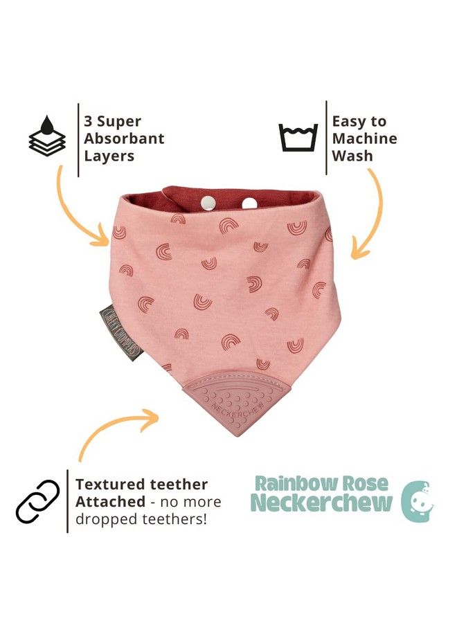Cheeky Chompers Neckerchew Teething Bib (Rainbow Rose) 2In1 Bandana Style Dribble Bib W/Food Grade Silicone Teether Baby & Toddler Innovative Dimple Design Soothes Gums 3Layer Absorbent Bib - Image 3