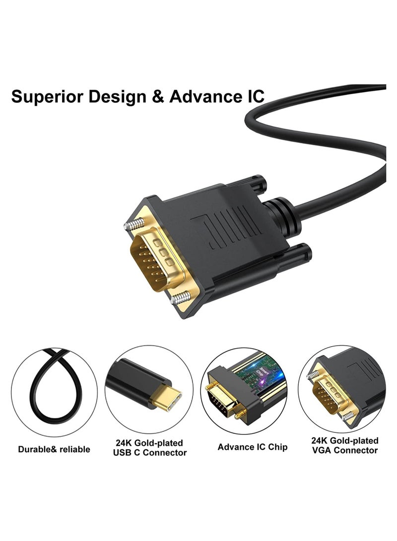 UV-CABLE USB C to VGA Cable, USB Type-C to VGA Male Cable Adapter [Thunderbolt 3] Compatible Converter foriMac, MacBook Pro, MacBook Air, Surface Book 2, Chromebook and More and More-6 Feet