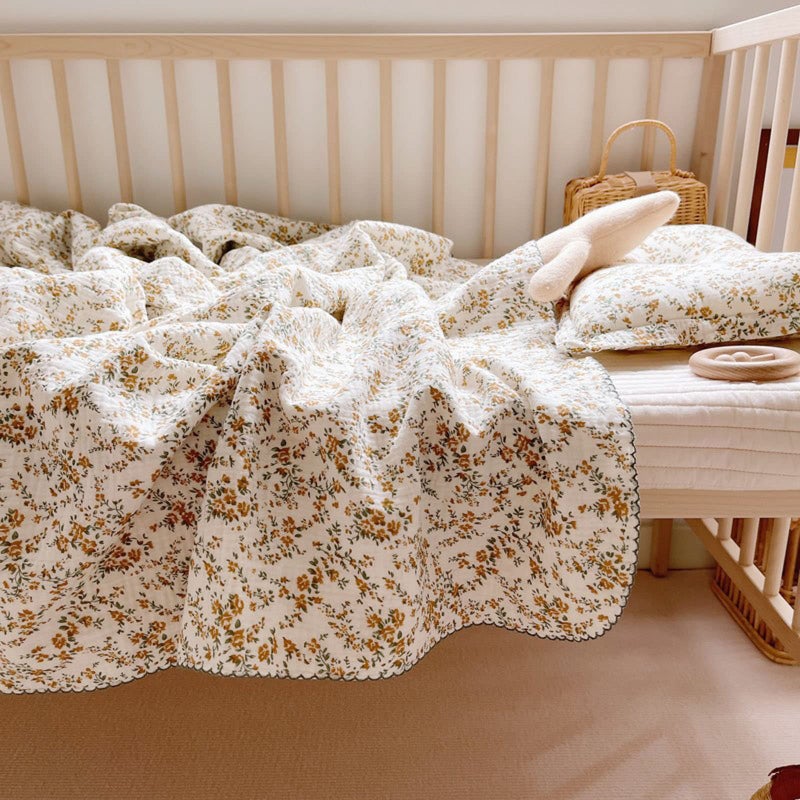 BuLuTu 4 Layer Toddler Blanket 100% Cotton Muslin Bed Blankets for Kids,Girls,Boys, with Cute Hibiscus Flowers Pattern Lightweight Thermal Baby Blanket, Super Soft Warm Crib Blanket, 47x51 - Image 1