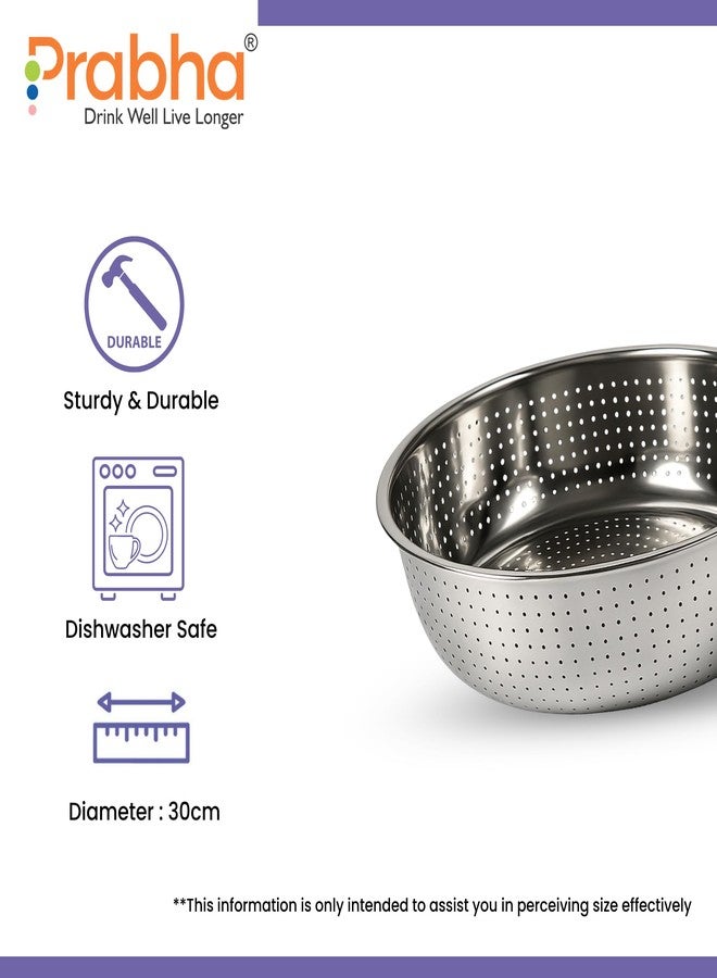 Prabha Colander Stainless Steel Strainer Sieves 30cm | Kitchen Strainer with Handle-Essential Kitchen | Colanders Bowl, Basket | Colander for Rice Straining Washing Fruits, Vegetables, Silver - Image 3