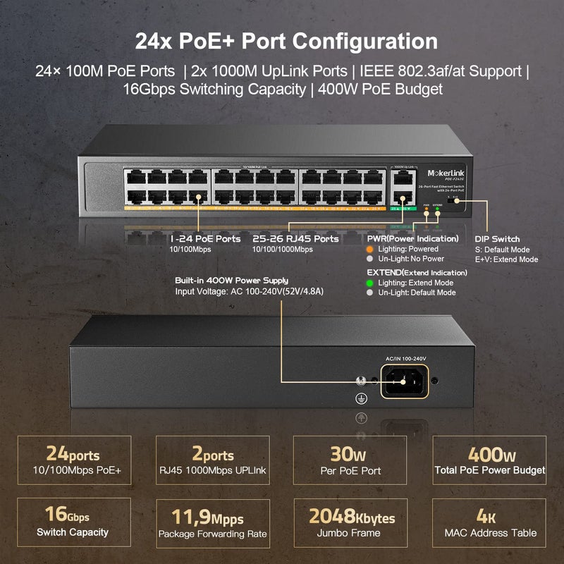 MokerLink محول بأربعة وعشرين منفذ مزود بتقنية PoE مع 2 منفذ جيجابت إيثرنت للربط العلوي، 400 واط طاقة عالية، يدعم IEEE802.3af/at، للتثبيت في الرف غير مُدار يعمل بالإعداد الفوري PoE+ - Image 4