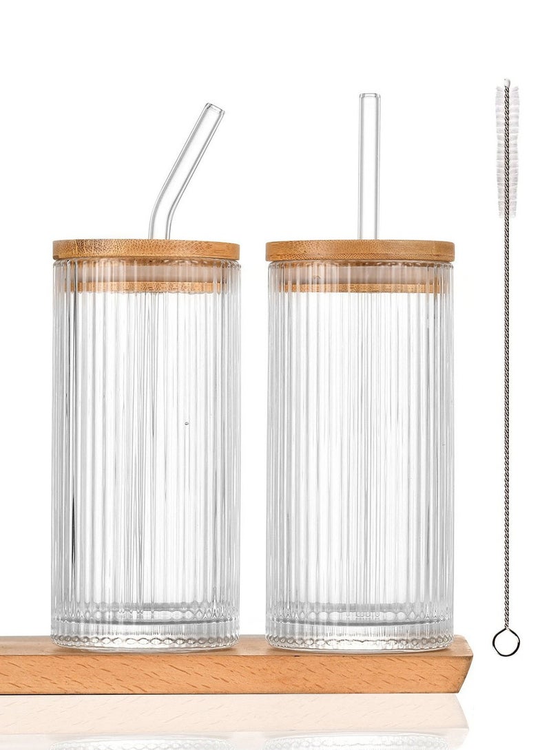 FASHION HOME Drinking Glass Cups with Straws 13oz Ribbed Glassware Iced Coffee Cup Coffee Bar Accessories Essentials Set of 2 - Image 1