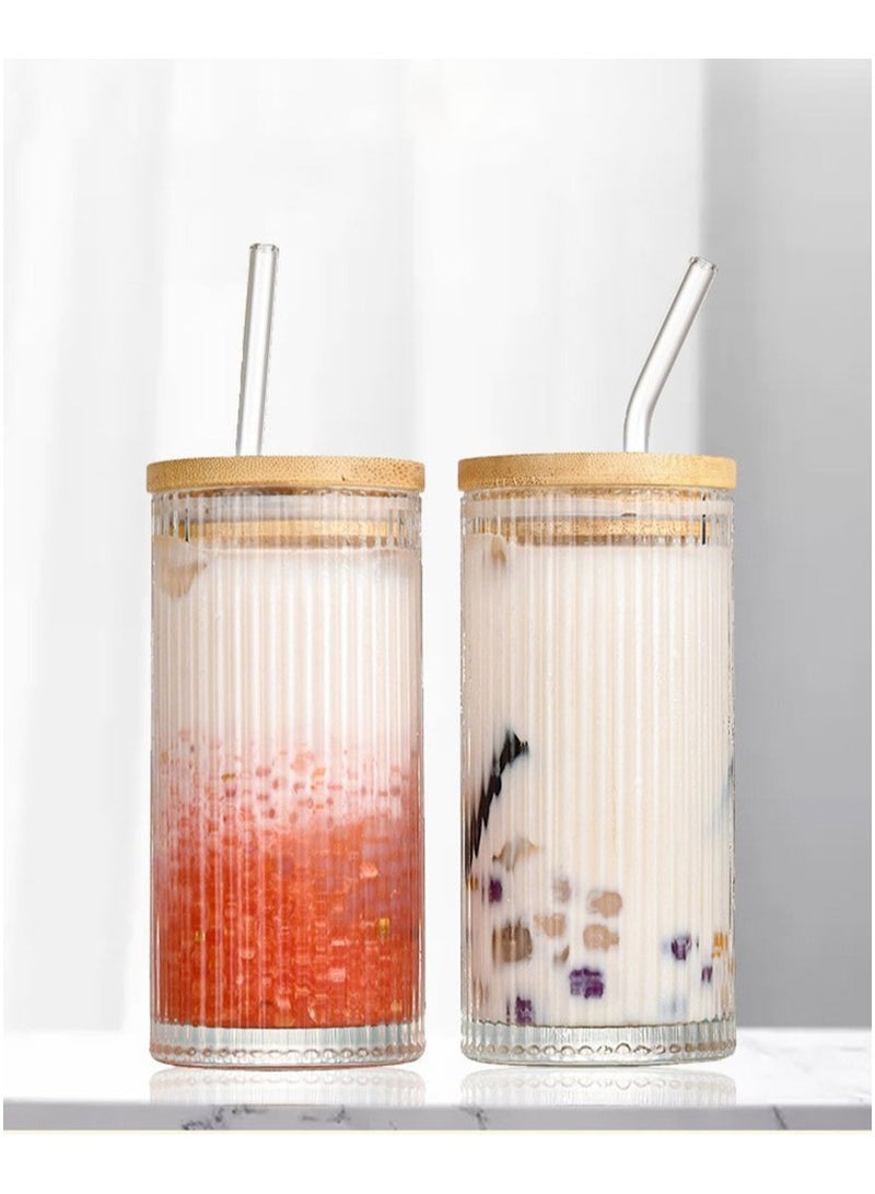 FASHION HOME Drinking Glass Cups with Straws 13oz Ribbed Glassware Iced Coffee Cup Coffee Bar Accessories Essentials Set of 2 - Image 2