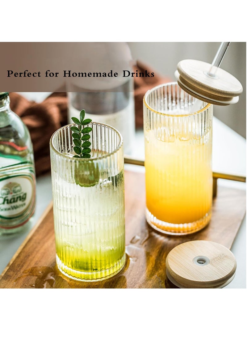 FASHION HOME Drinking Glass Cups with Straws 13oz Ribbed Glassware Iced Coffee Cup Coffee Bar Accessories Essentials Set of 2 - Image 5