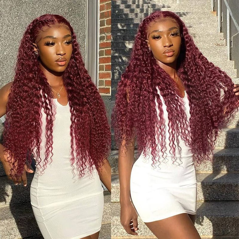 Pizazz 99J HD Lace Front Wigs Human Hair Pre Plucked 180 Density Burgundy Deep Wave Frontal Wigs 13x4 Natural Hairline Human Hair Wigs for Black Women(28 Inch)