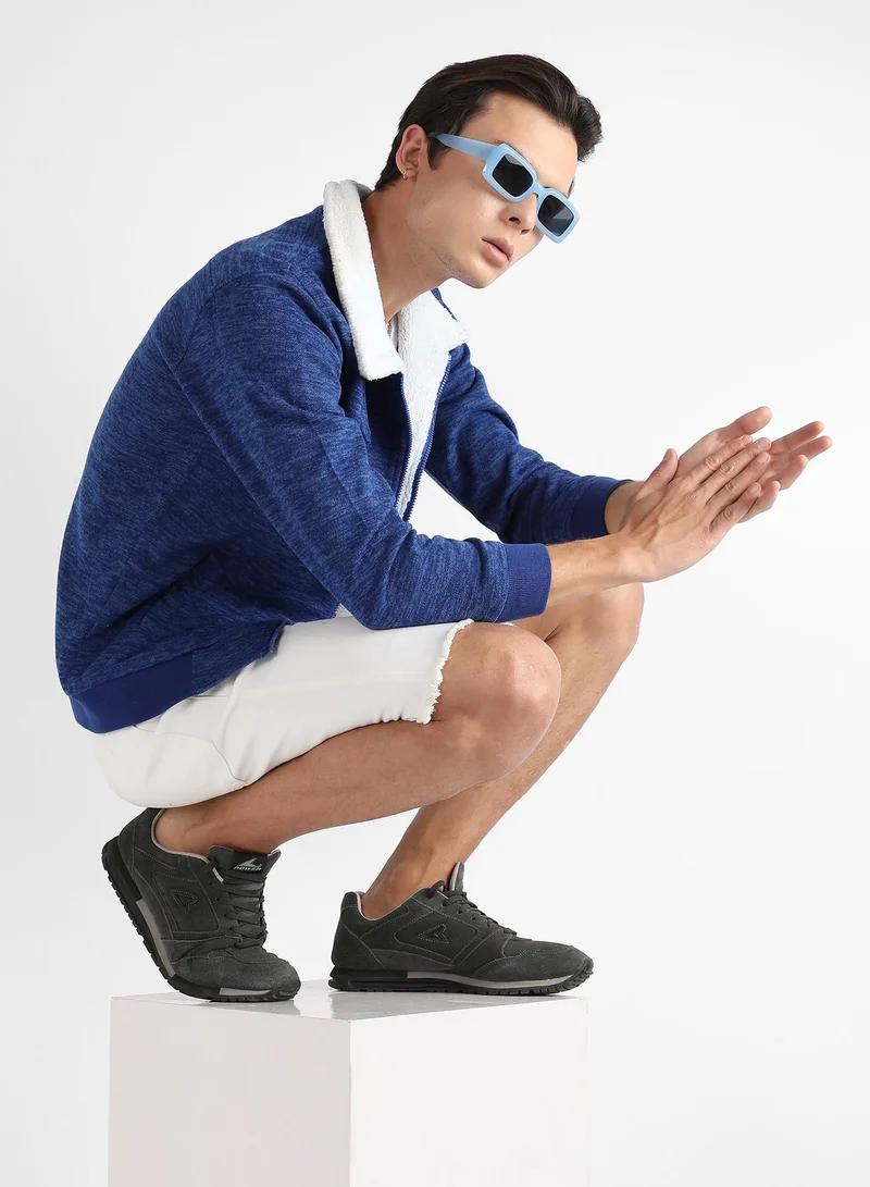 Campus Sutra Men's Electric Blue Heathered Jacket With Fleece Detail