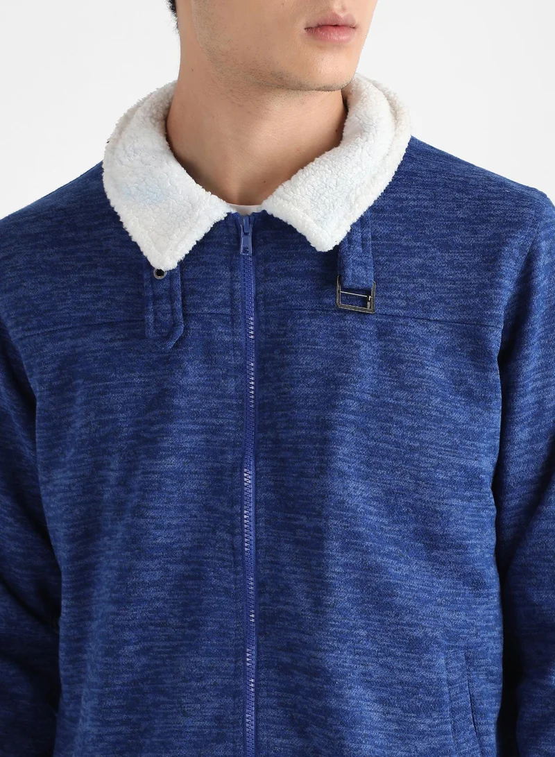 Campus Sutra Men's Electric Blue Heathered Jacket With Fleece Detail