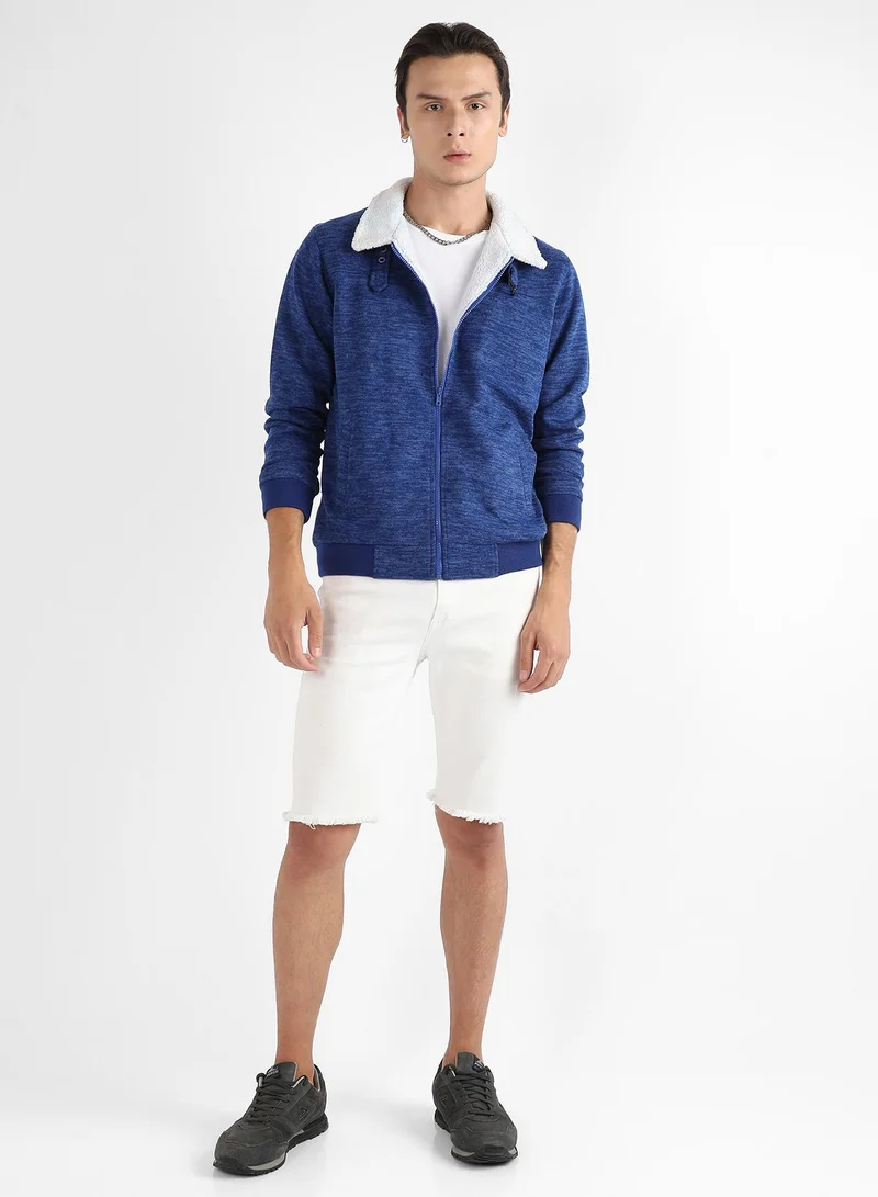 Campus Sutra Men's Electric Blue Heathered Jacket With Fleece Detail