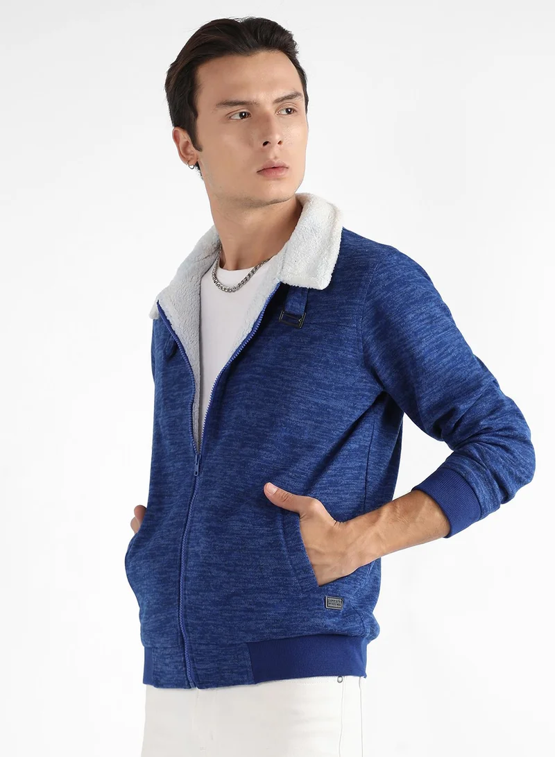Campus Sutra Men's Electric Blue Heathered Jacket With Fleece Detail