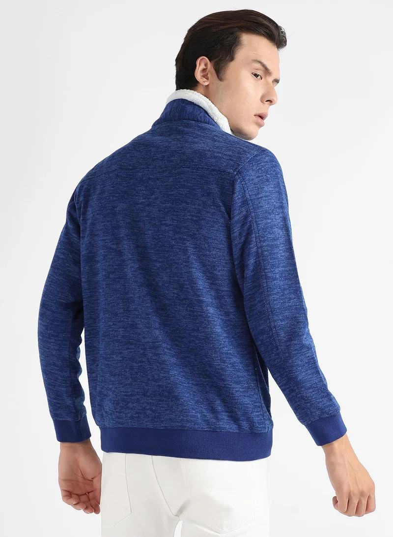 Campus Sutra Men's Electric Blue Heathered Jacket With Fleece Detail