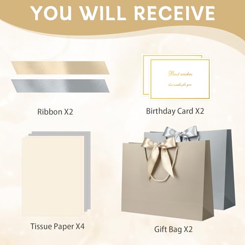 JMANNI Gift Bags with Handles 11 Small Gift Bag for Presents 2 Pcs Bags with 4 Tissue Paper and 2 Cards for Graduation Baby Shower Wedding Fathers Day Mothers Day Birthday Party GoldenSilver - Image 3