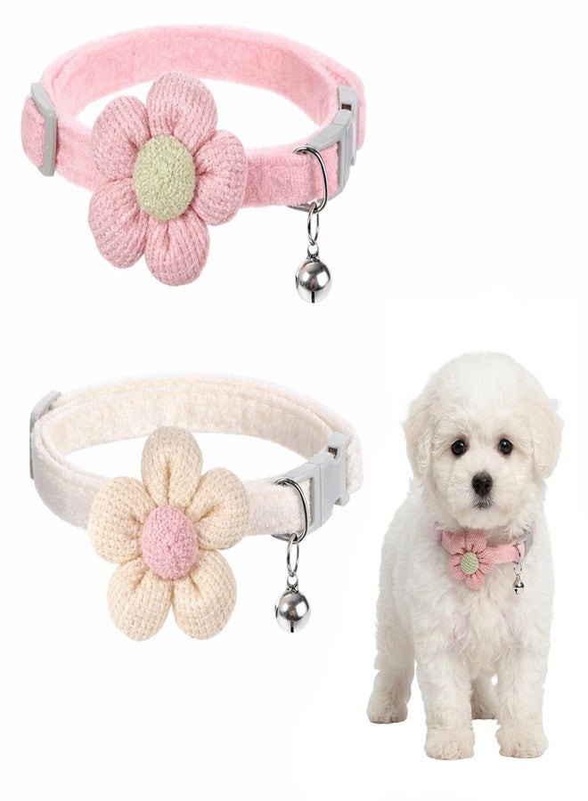 Xosjska 2 Pack Small Floral Dog Collar with Bell, Puppy Collar with Bell and Flower Adjustable Dog Collars Soft Safety Pet Collars with Safety Buckle for Boy Girl Dogs, Pink, Yellow - Image 1