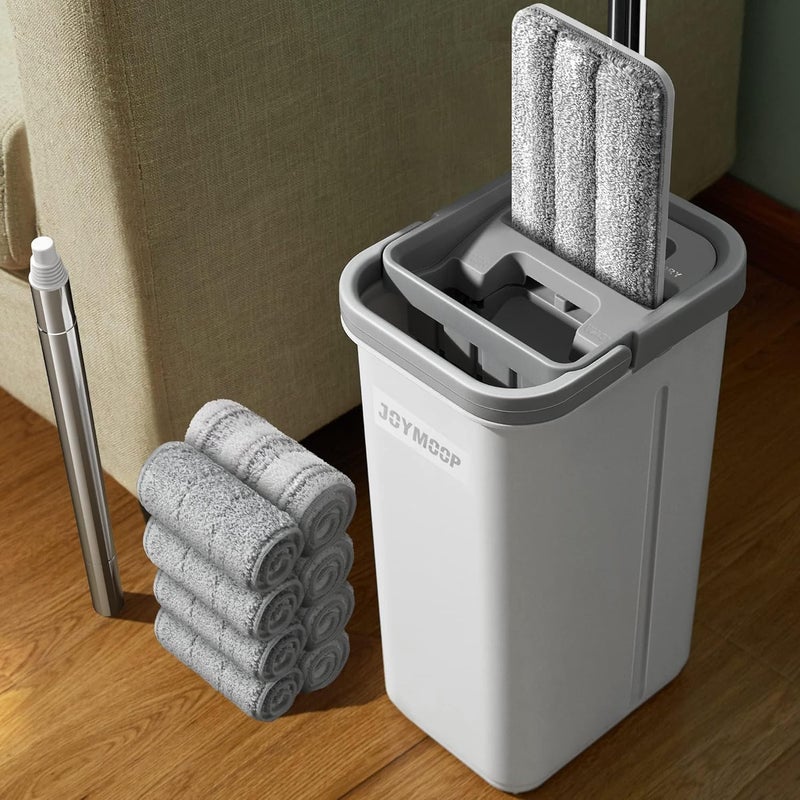 JOYMOOP Mop and Bucket with Wringer Set, Hands Free Flat Floor Mop and Bucket, with 8 Washable Microfiber Pads, Wet and Dry Use, Floor Cleaning System - Image 1