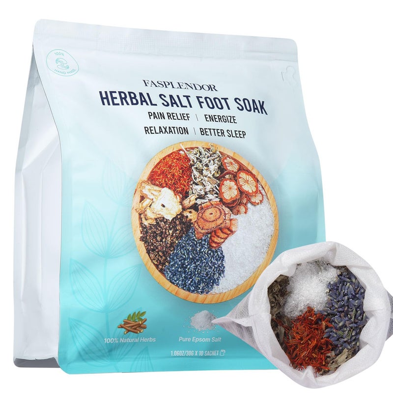 Fasplendor Foot Soaking Salts with Herbs Epsom Salt Lavender and Mugwort Foot Bath Spa for Soothing Relaxation Detox Pain Relief and Softening Dry Cracked Feet Relax Warm Pedicure 10 Sachets - Image 1