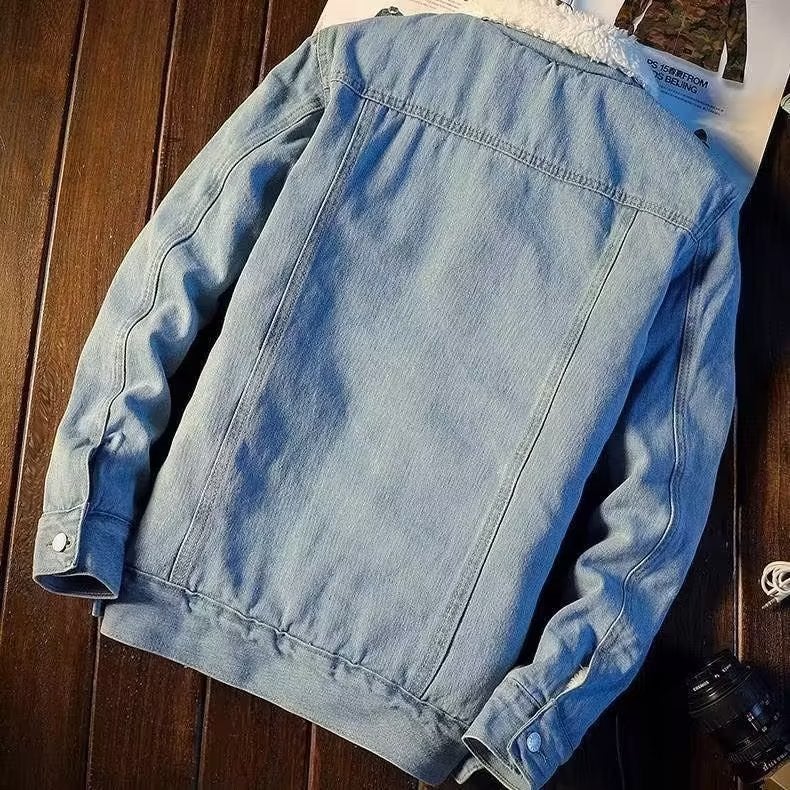 Vintage American Casual Denim Sherpa Jacket Men Light blue