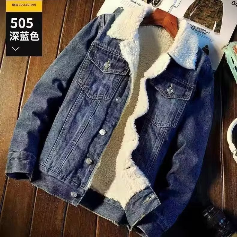 Vintage American Casual Denim Sherpa Jacket Men Light blue