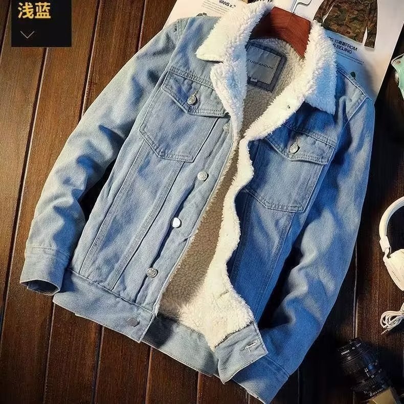 Vintage American Casual Denim Sherpa Jacket Men Light blue