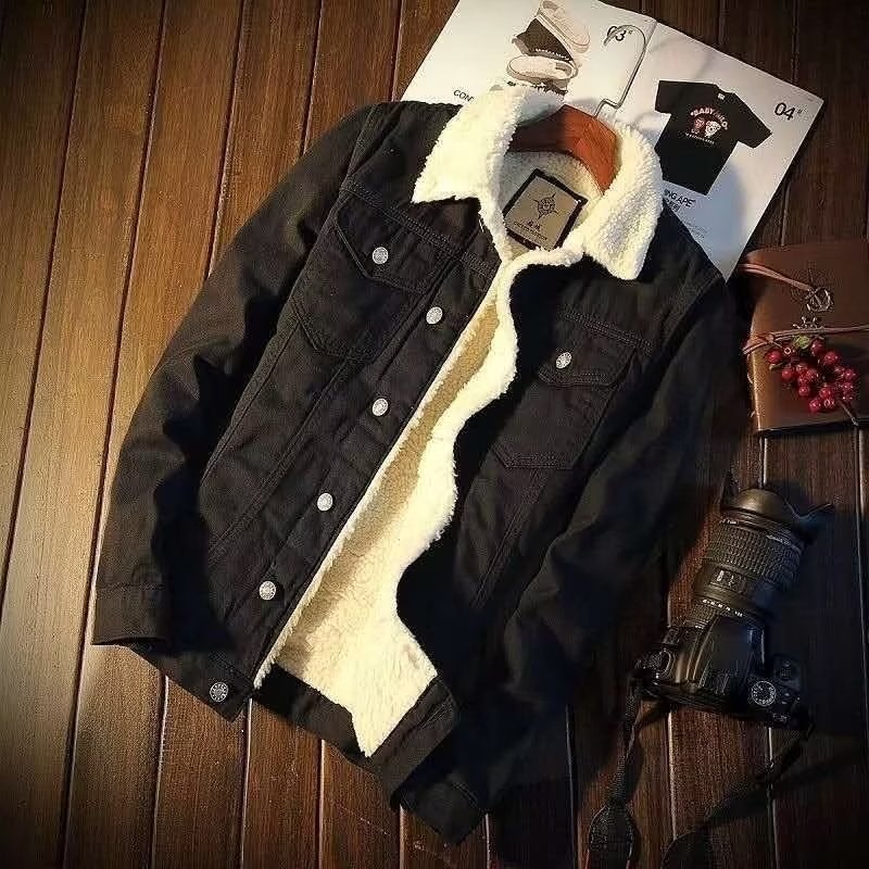 Vintage American Casual Denim Sherpa Jacket Men Light blue