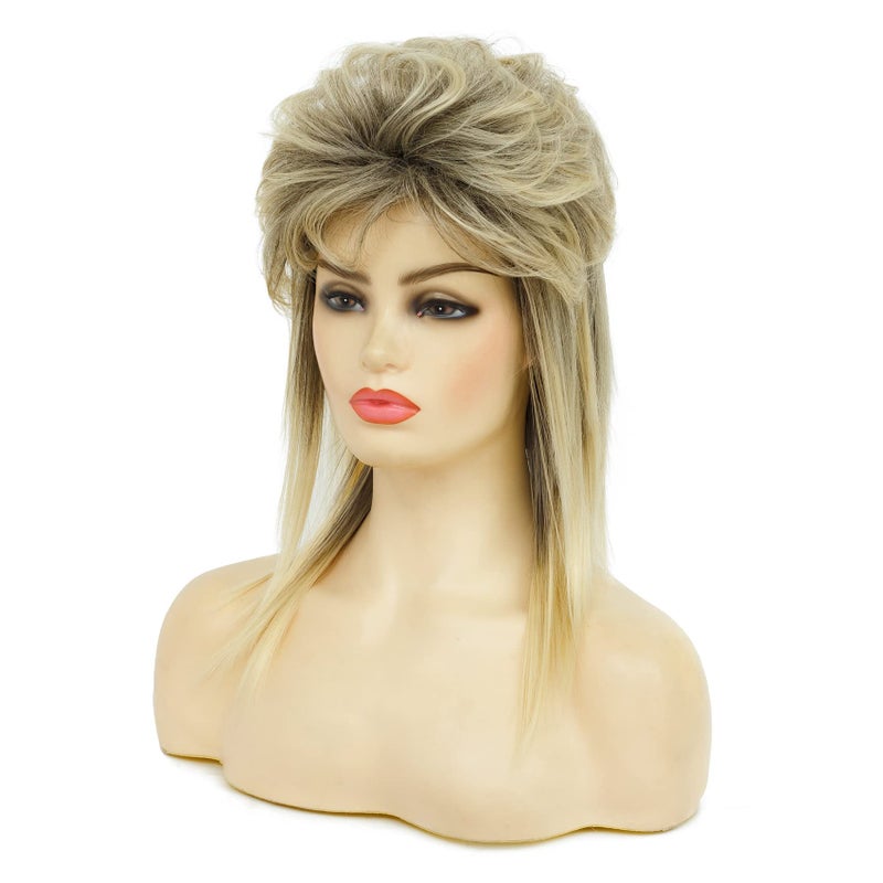Swiking Mullet Wigs for Women Blonde Curly Soft Heat Resistant Shoulder Length Hair 80s Rocker Cosplay Halloween Dark Roots Synthetic Wigs (Blonde Mix Black) - Image 3