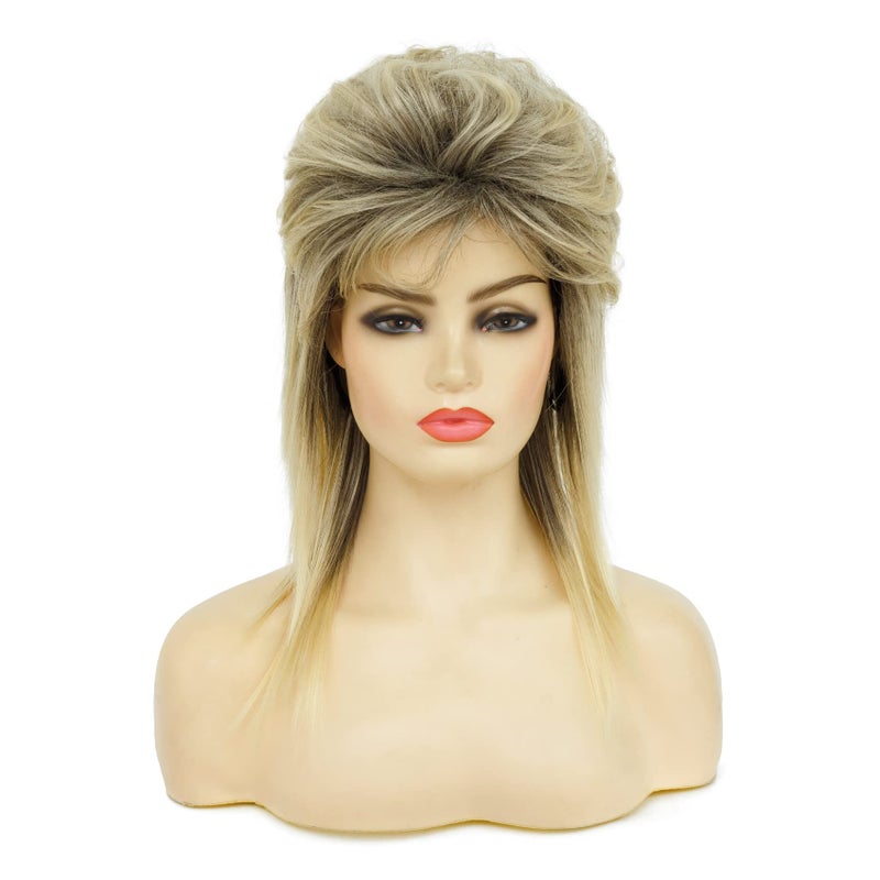Swiking Mullet Wigs for Women Blonde Curly Soft Heat Resistant Shoulder Length Hair 80s Rocker Cosplay Halloween Dark Roots Synthetic Wigs (Blonde Mix Black) - Image 2