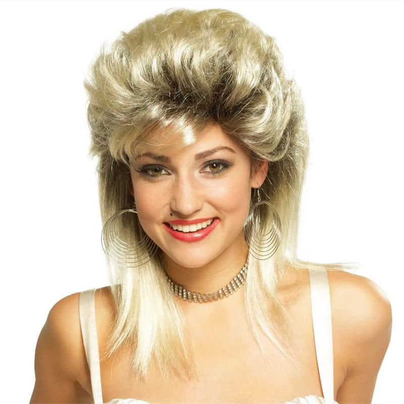 Swiking Mullet Wigs for Women Blonde Curly Soft Heat Resistant Shoulder Length Hair 80s Rocker Cosplay Halloween Dark Roots Synthetic Wigs (Blonde Mix Black) - Image 1