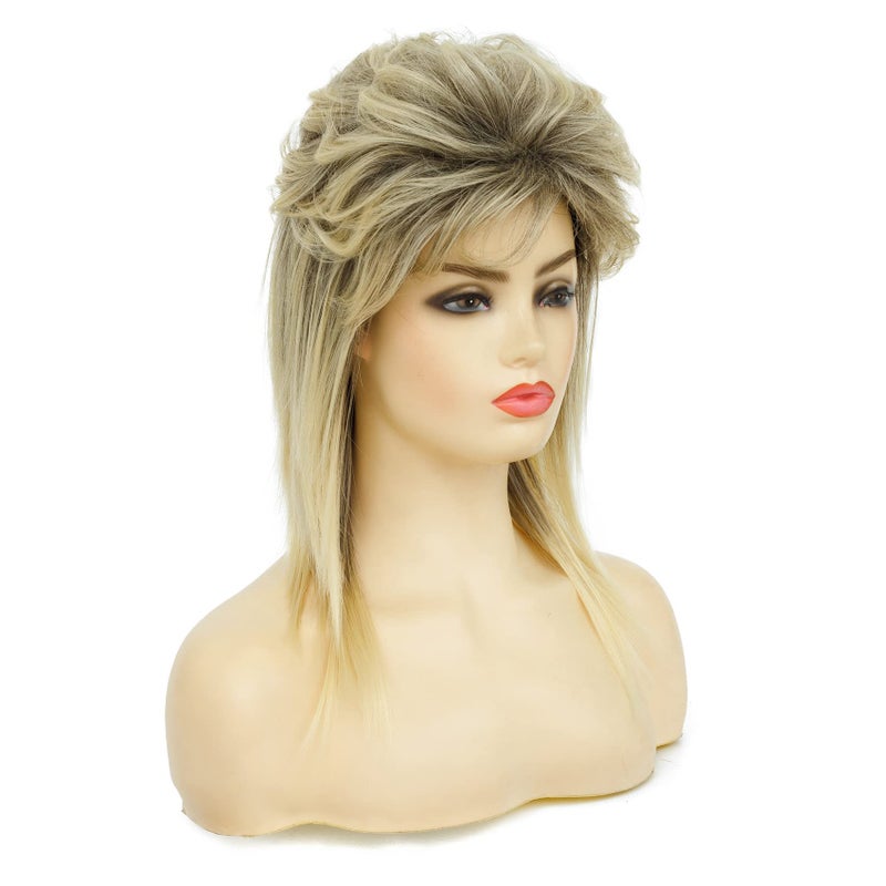 Swiking Mullet Wigs for Women Blonde Curly Soft Heat Resistant Shoulder Length Hair 80s Rocker Cosplay Halloween Dark Roots Synthetic Wigs (Blonde Mix Black) - Image 4