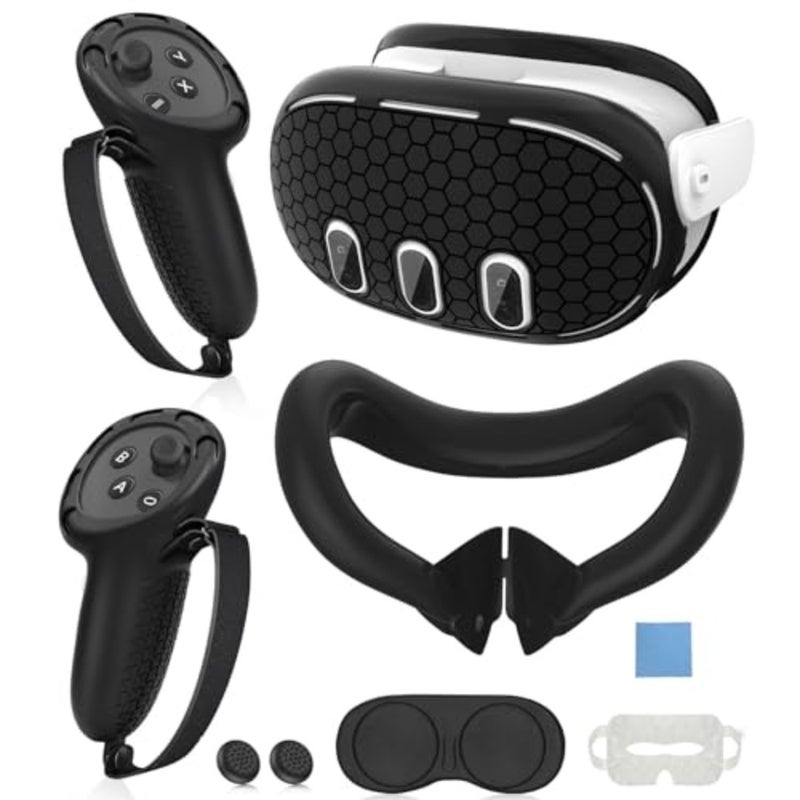VR headset cover set for gaming and fitness use, made of soft silicone, black color, provides full protection with anti-slip grip and scratch-resistant lens shield - Image 1