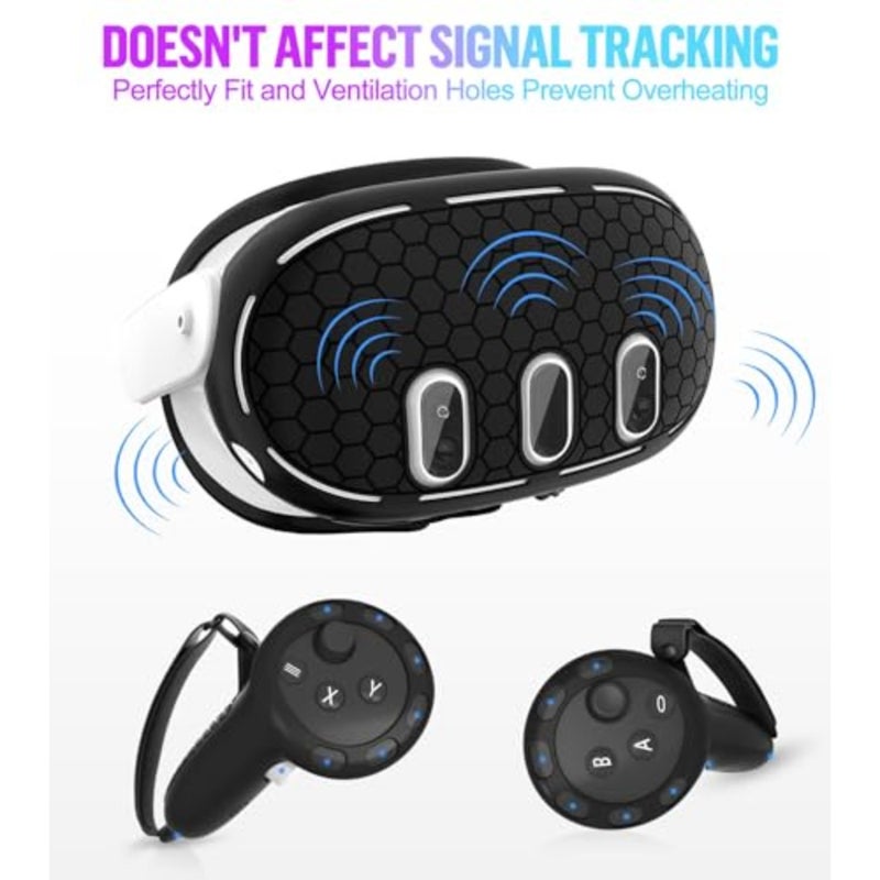 VR headset cover set for gaming and fitness use, made of soft silicone, black color, provides full protection with anti-slip grip and scratch-resistant lens shield - Image 4