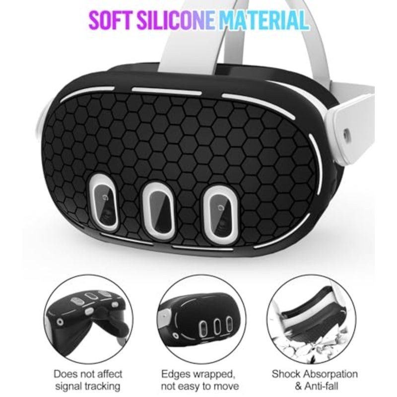 VR headset cover set for gaming and fitness use, made of soft silicone, black color, provides full protection with anti-slip grip and scratch-resistant lens shield - Image 3