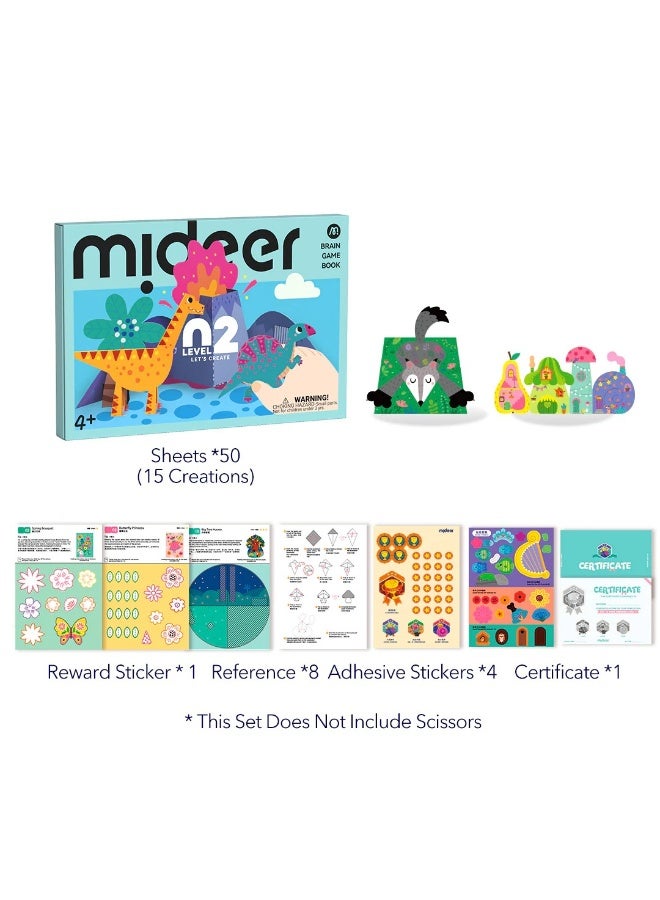 MiDeer كتاب ألعاب العقل ميدير لنخلق المستوى 2 – كتاب نشاط حرفي إبداعي للأطفال من عمر 4 سنوات فما فوق، كتاب عمل فني وحرفي تعليمي مع مشاريع طي، قطع، لصق وتلوين، لعبة تعليمية لتطوير المهارات - Image 1