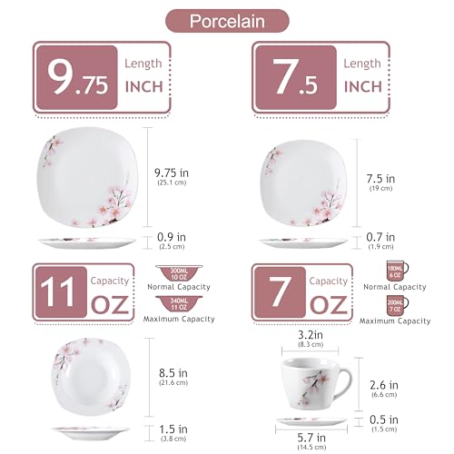 VEWEET Annie Porcelain Dinnerware for 6, 30-Piece Pink Floral Dish Set With Plates and Bowls Including Dinner, Dessert, Soup, Cups & Saucers - Image 3