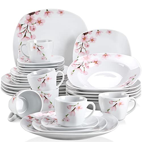 VEWEET Annie Porcelain Dinnerware for 6, 30-Piece Pink Floral Dish Set With Plates and Bowls Including Dinner, Dessert, Soup, Cups & Saucers - Image 1