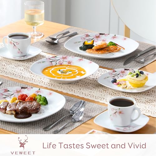 VEWEET Annie Porcelain Dinnerware for 6, 30-Piece Pink Floral Dish Set With Plates and Bowls Including Dinner, Dessert, Soup, Cups & Saucers - Image 2